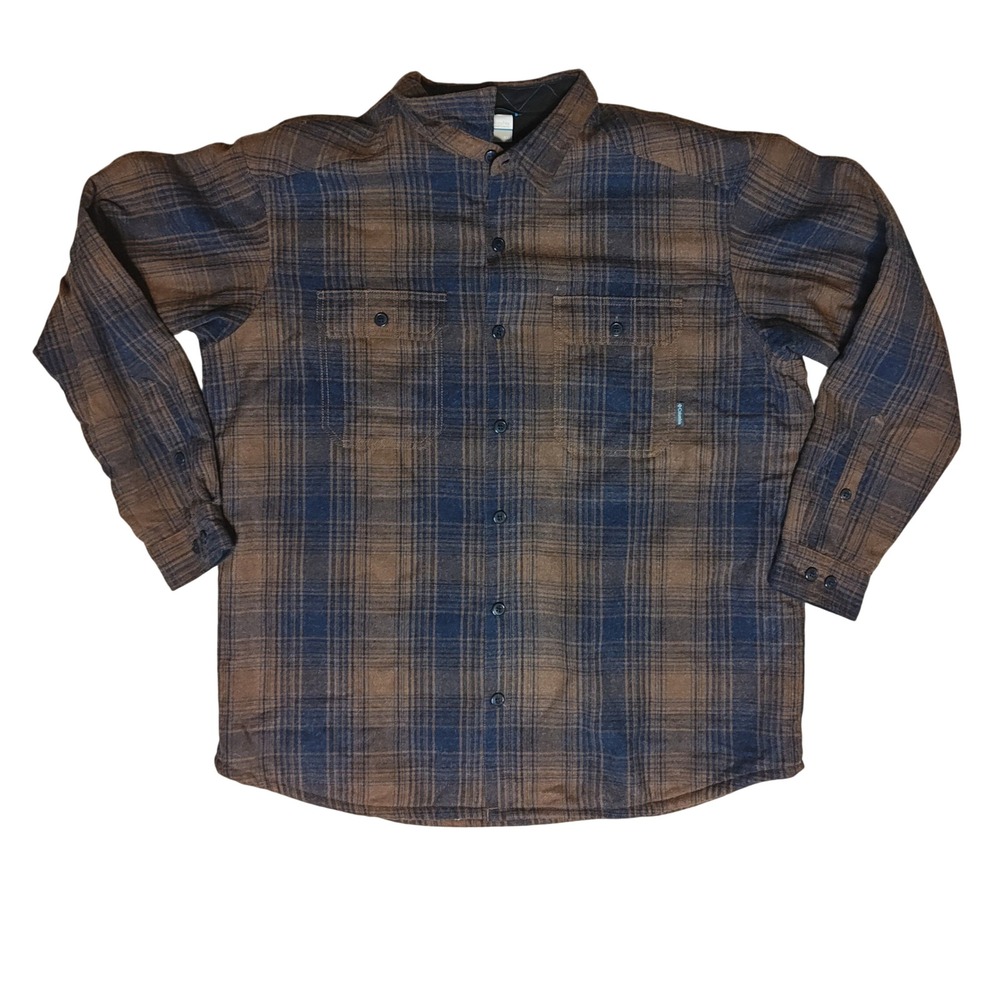 Columbia Flannel Shirt Jacket Mens XXL Brown Plaid Sherpa Fleece Lined AM1065